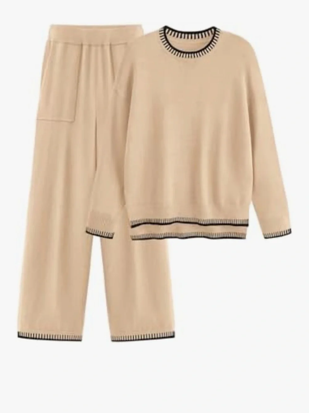 Beige Knit Two-Piece Loungewear Set with Black Trim W1